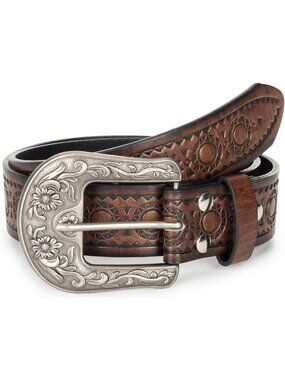 Unisex Brown PU Leather Belt Vintage Western Cowboy Waist Belt Carved Buckle